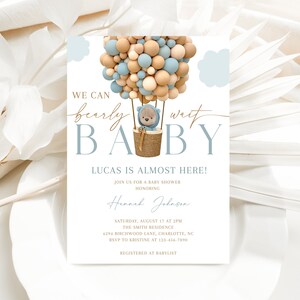 Editable Brown Bear Balloon Baby Shower Invitation, We Can Bearly Wait Baby Shower Invite, Blue Boy Boho Bear Baby Shower, CLP165