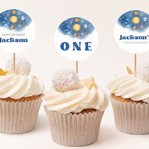 First Trip Around the Sun Outer Space Birthday Cupcake Toppers, Solar System Outer Space Decoration, Boy Birthday, Galaxy Birthday, BB8