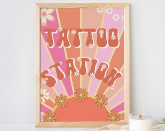 Groovy Tattoo Station Sign, Retro Hippie Birthday (Instant Download)