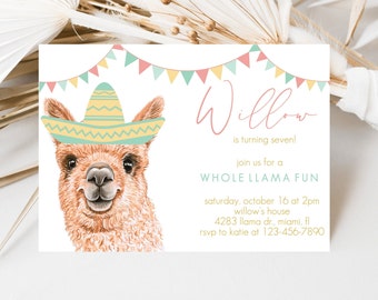 May include: A colorful invitation with a llama wearing a sombrero. The text reads "Willow is turning seven! Join us for a Whole Llama Fun Saturday, October 16 at 2pm Willow's house 4283 Llama Dr., Miami, FL RSVP to Katie at 123-456-7890"