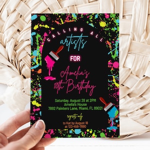 Paint Party Invitation, Neon Paint Party Birthday Invite, Art Party Invitation, Instant Download, Editable, Colorful Birthday Invitation