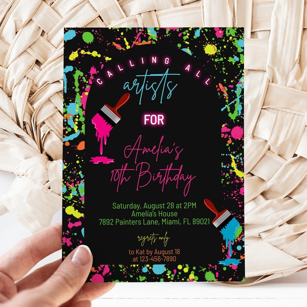 Paint Party Invitation, Neon Paint Party Birthday Invite, Art Party Invitation, Instant Download, Editable, Colorful Birthday Invitation