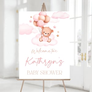Editable Pink Teddy Bear Balloon Welcome Sign, Girl Bear Balloon Baby Shower Welcome Poster, Pink Baby Bear, Instant Download