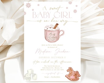 Winter Baby Shower Invitation Template, Hot Chocolate, Gingerbread (Editable, Instant) CLP153