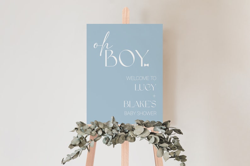 May include: A light blue baby shower sign with white text that reads "oh boy" in a script font and "Welcome to Lucy + Blake's Baby Shower" in a sans-serif font.