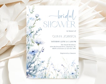 Editable Dusty Blue Wildflower Bridal Shower Invitation Template, Blue Floral Bridal Shower Invite, Printable Bridal Shower Invite, BDS8