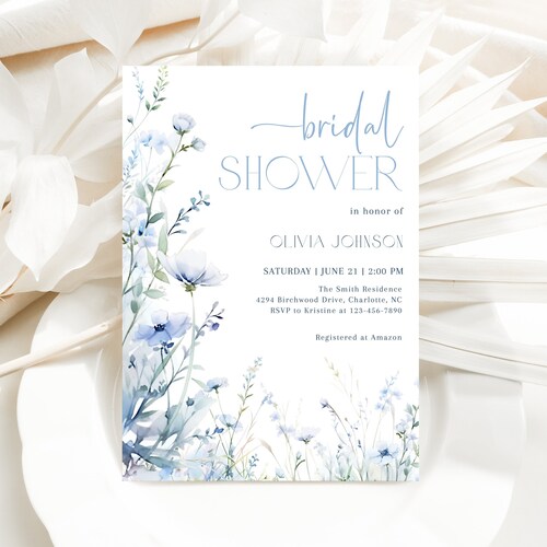Dusty Blue Invite, Wildflower Corjl Template - Editable 5X7 | Printable Bridal Shower Card BDS8