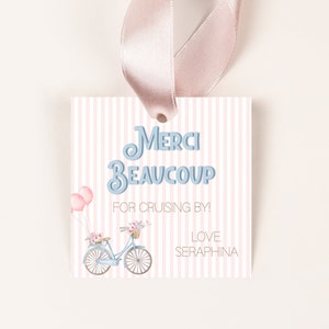 Editable Paris Bicycle Birthday Party Favor Tag, Girl Floral Bike 1st Birthday, Cruising to One, Pink Stripe, Instant Download, CLP31