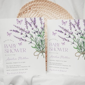 May include: Lavender-themed baby shower invitation with butterflies and a watercolor illustration of lavender flowers. The invitation reads "Join us for a Baby Shower honoring Amelia Miller" and includes the date, time, location, and RSVP information.