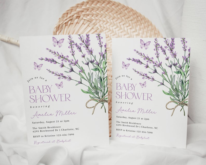 May include: Lavender-themed baby shower invitation with butterflies and a watercolor illustration of lavender flowers. The invitation reads "Join us for a Baby Shower honoring Amelia Miller" and includes the date, time, location, and RSVP information.