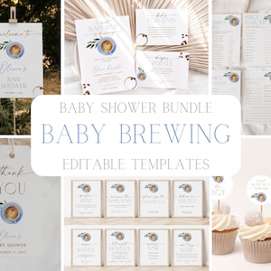 Editable Blue Brewing Baby Shower Invitation + Decoration Bundle, Printable Boy Coffee Baby Shower Invite + Game Set, BBS28