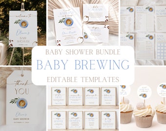 Editable Blue Brewing Baby Shower Invitation + Decoration Bundle, Printable Boy Coffee Baby Shower Invite + Game Set, BBS28