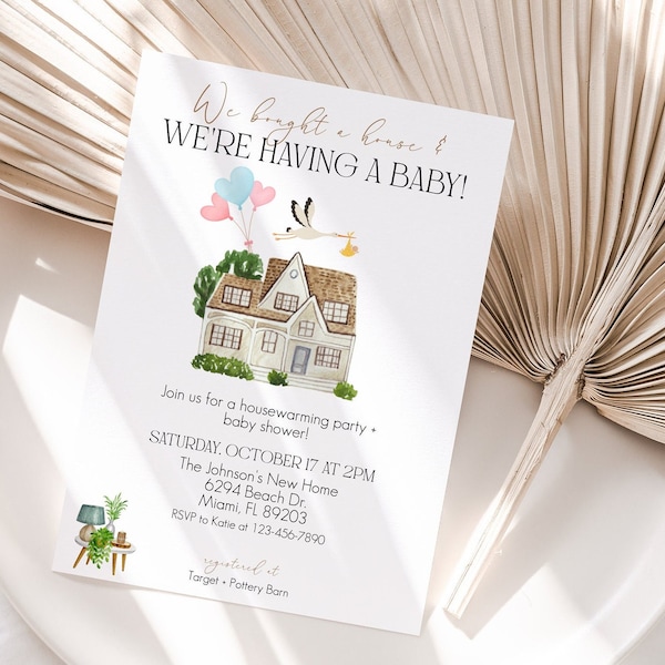 Housewarming Party Invitation Template, Baby Shower Invitation, Housewarming and Baby Shower, Baby Announcement, Instant Download, Editable