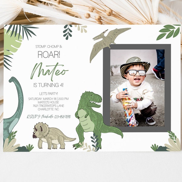 Editable Dinosaur Birthday Picture Invitation, Dinosaur Birthday Invite, Trex Dino, Dinosaur Party, Jurassic Party, Instant Download, CLP29
