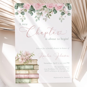 Editable Storybook Bridal Shower Invitation, Pink Floral New Chapter Cottage Core Bridal Shower Invite, Book Lover Wedding Shower, BDS44