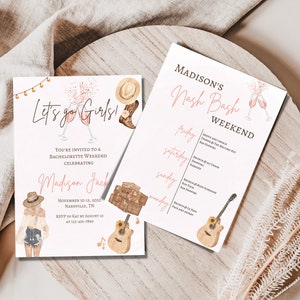 May include: A bachelorette party invitation with a pink and white color scheme. The invitation features a watercolor illustration of a woman in a cowboy hat and a guitar. The text on the invitation reads "Let's go Gurls!" and "Madison's Nash Bash Weekend".