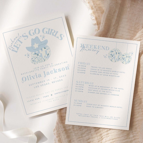 Disco Bachelorette Party Itinerary Template, Disco Cowgirl Bachelorette Invitation, Lets Go Girls, Space Cowgirl Template