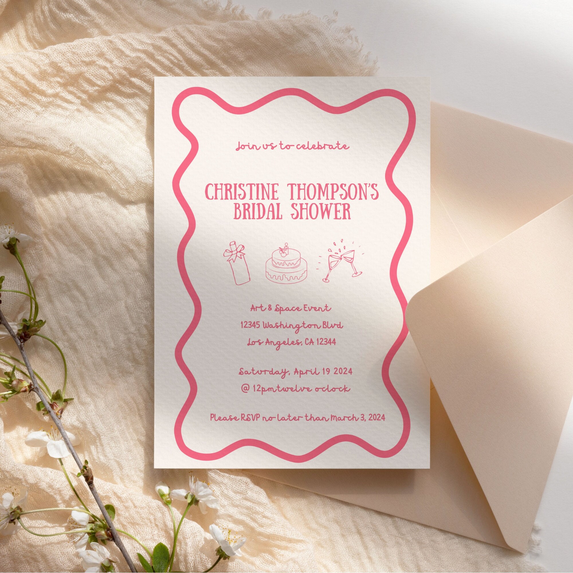 Pink Bridal Shower Invitation Hand Drawn Invite for Wavy Bridal
