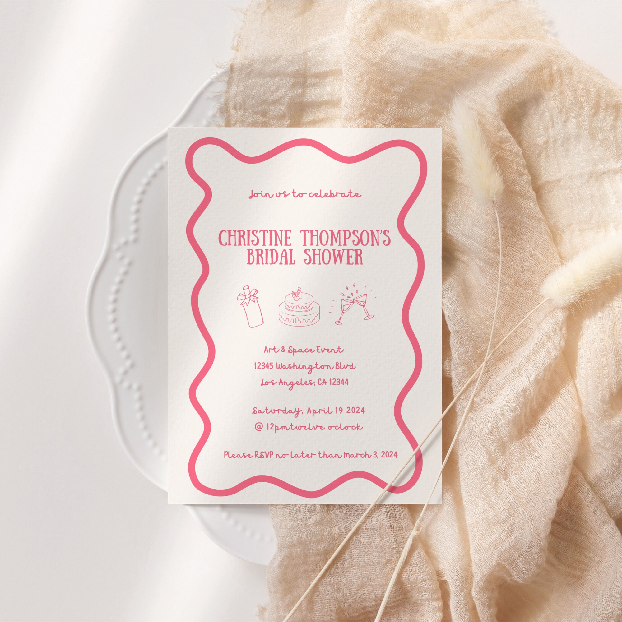 Pink Bridal Shower Invitation Hand Drawn Invite for Wavy Bridal