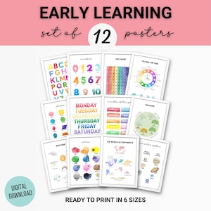 12 posters: alfabet, cijfers, 100-grafiek, tijd, vormen, dagen, maanden, seizoenen, weer, kleuren, wereld, ruimte, thuisonderwijs, digitale download