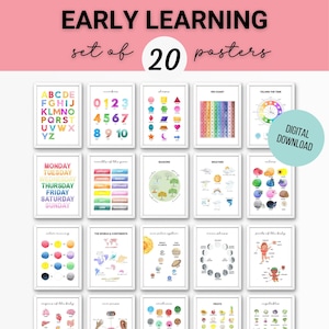 Set van 20 aquarelposters, ABC's, cijfers, 100-grafiek, tijd, vormen, dagen, maanden, seizoenen, enz. Thuisonderwijs, afdrukbare educatieve muurkunst