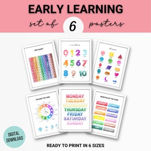 Cijfers 1-10, 100, grafiek, tijd, 2D-vormen, dagen en maanden - set van 6 aquarelposters, homeschool-printables, klasdecor, digitale download
