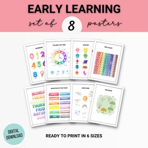 Set van 8 posters: cijfers, tijd, 100-grafiek, 2D-vormen, dagen, maanden, weer en seizoenen, homeschool-printables, klasdecor, digitale download