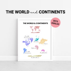 Póster del mundo y los continentes en acuarela, imprimible para la educación en casa, arte mural educativo, arte mural imprimible para guardería y sala de juegos, descarga digital