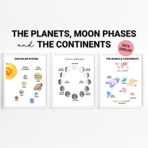 Solar System, Moon Phases + Seasons - Set of 3 Watercolor Posters, Homeschool Printable, Educational Wall Art, Home Decor, Digital Download