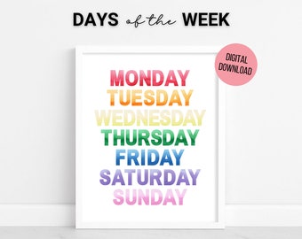 Watercolor Rainbow Days of the Week Poster, Monday Start, Homeschool Printable, Educational Print, Printable Nursery & Playroom Wall Art
