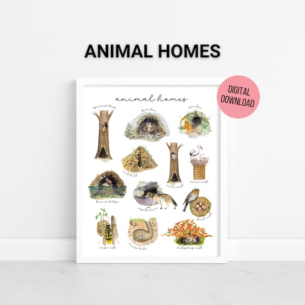 Watercolor Animal Homes & Habitats Poster, Homeschool Printable, Nature Study, Educational Wall Art, Playroom Wall Art, Digital Download
