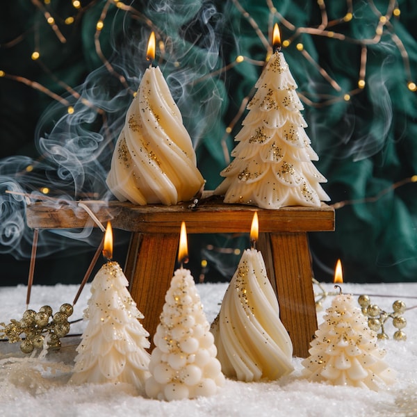 White & Gold Christmas Tree Candle | Luxury Seasonal Decor | Sparkle Winter Centrepiece | Handmade Holiday Accent | Gift
