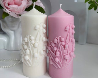 Lily of the Valley Candle: Floral Soy Wax Pillar, Spring Home Decor