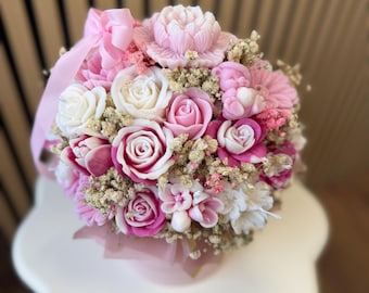 Handmade Floral Candle Bouquet Arrangement • Rose & Peony Soy Wax Flower Gift • Pink Decorative Centrepiece