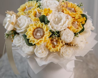 Bouquet de bougies tournesol | Composition florale | Cadeau cire de soja jaune
