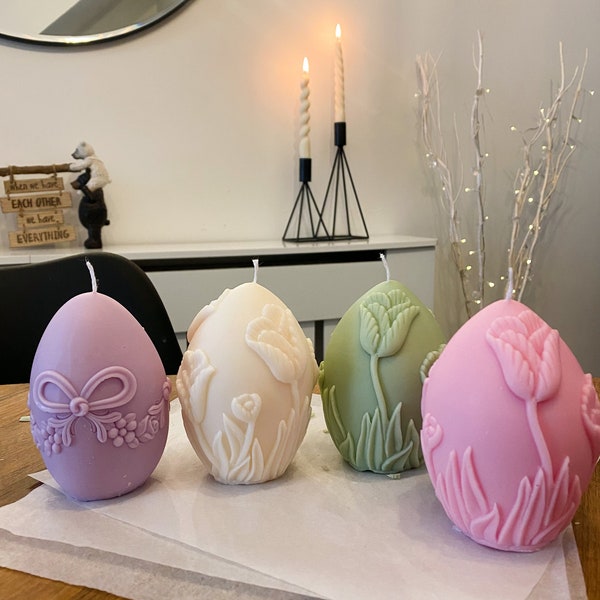 XL Easter Large Egg Shaped Candle | Tulips | Egg hunting | Gift idea | Handmade | 11 cm Tall | Home Decor | Present | Surprising