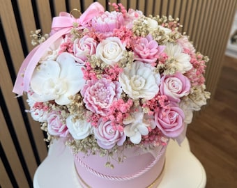 Handmade Floral Candle Bouquet Arrangement • Rose & Peony Soy Wax Flower Gift • Pink Decorative Centrepiece