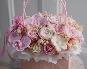 Pink Flower Candle Basket – Handmade Floral Bouquet Arrangement – Romantic Gift Box – Mother’s Day, Birthday, Baby Shower Gift