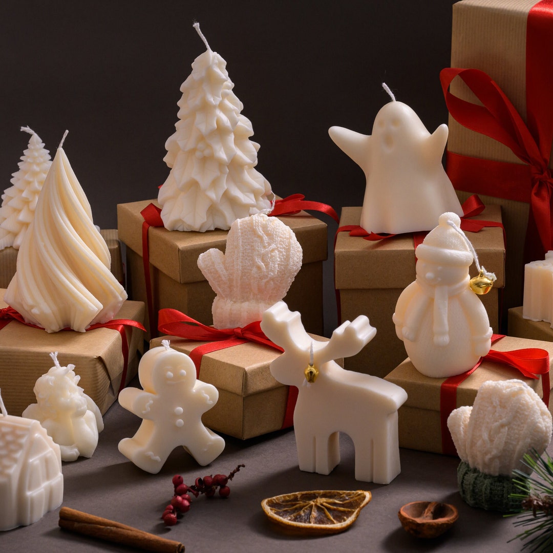 Ensemble de bougies de Noël | Décoration hivernale en cire de soja coulée à la main | Formes festives | Cadeau parfumé pour les Fêtes | Décoration