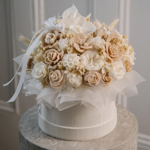 Neutral Rose Candle Arrangement in Woven Hatbox, Beige Cream Floral Gift