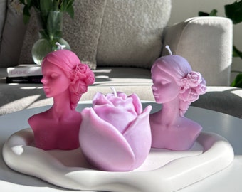 Set di 2 candele / Grande fiore di rosa con donna rosa nuda / Candela fatta a mano / Cera di soia / Idea regalo / Profumata / Regalo per signora / Ragazza presente