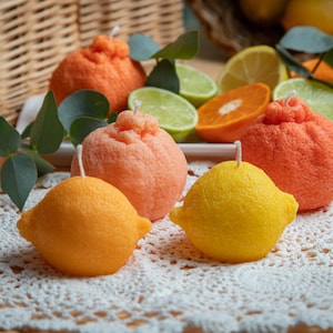 Orange & Lemon Shaped Candles | Citrus Scented Soy Wax Pillar Candles | Vegan Summer Fruit Candle | Gift Idea for Home and Table Decor