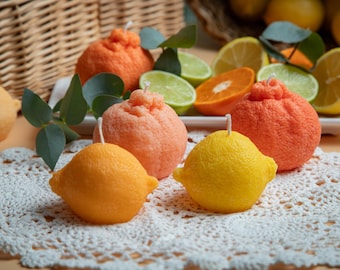 Orange & Lemon Shaped Candles | Citrus Scented Soy Wax Pillar Candles | Vegan Summer Fruit Candle | Gift Idea for Home and Table Decor