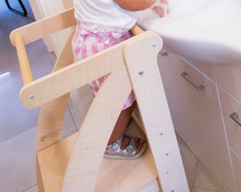 Learning Tower Richiudibile in Legno, Torretta Montessoriana per Bambini, 3 Livelli di Altezza, Sgabello Comodo per Genitori