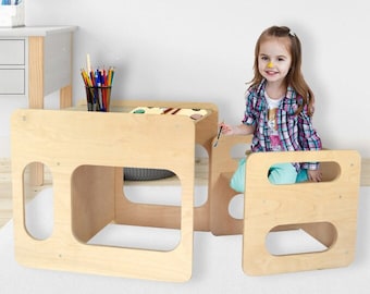 Mesa silla Montessori que ahorra espacio en madera blanca para niños, juegos educativos Montessori, escritorio escolar para dormitorio de estudio