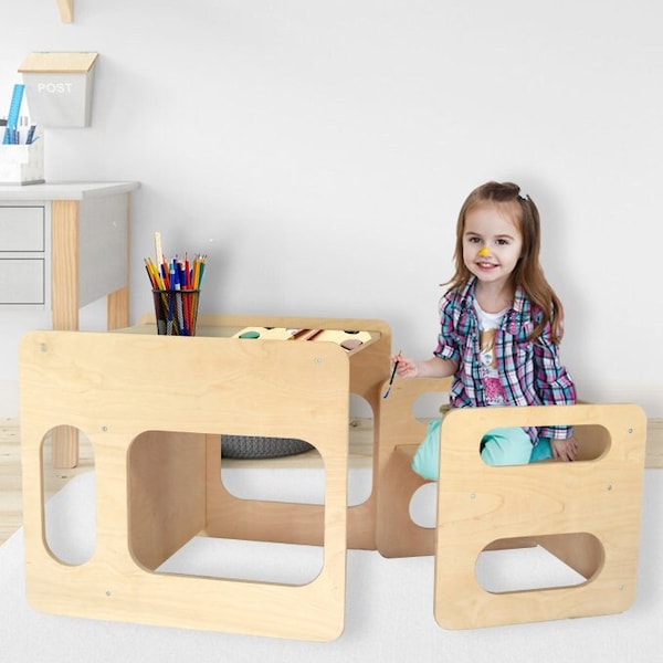 Tavolino Sedia Montessori Salvaspazio in Legno Bianco per Bambini, Giochi Educativi Montessoriani Studio Cameretta Banco Scuola