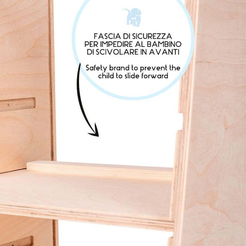 Puede incluir: Primer plano de un estante de madera con una barrera de seguridad para evitar que un ni&ntilde;o se deslice hacia adelante. La barrera est&aacute; hecha de madera y est&aacute; unida al estante con tornillos. El texto en la barrera dice "FASCIA DI SICUREZZA PER IMPEDIRE AL BAMBINO DI SCIVOLARE IN AVANTI" y "Safety brand to prevent the child to slide forward".