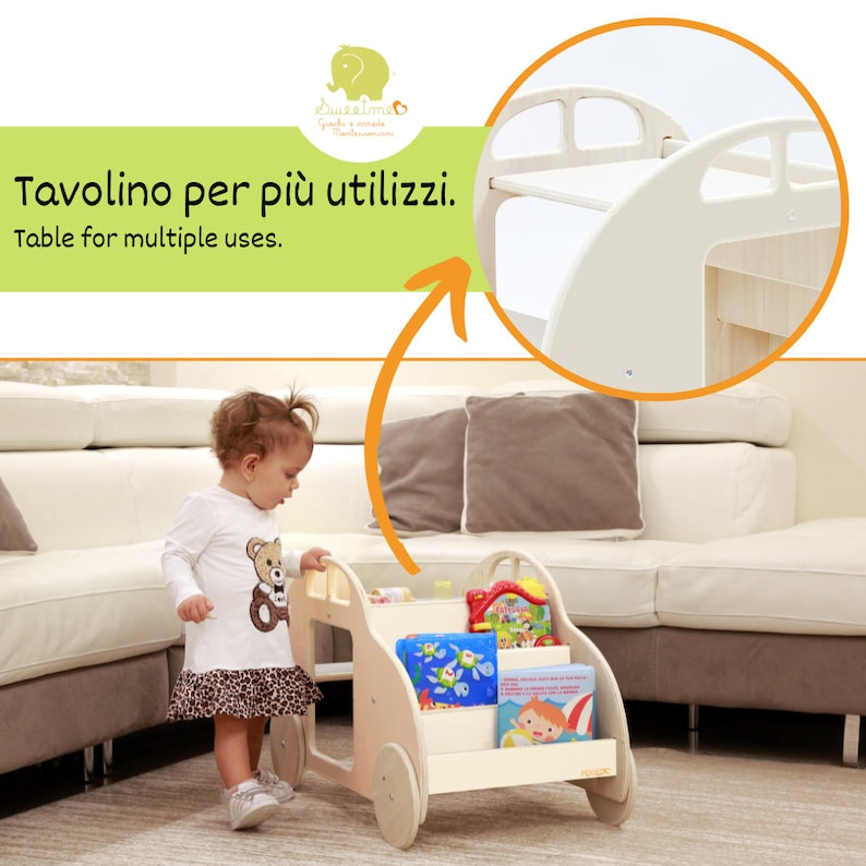 Libreria Montessoriana per Bambini con ruote, Scaffale Portagiochi Fumetti Libri Cameretta 4 Ripiani, Giochi Educativi in Legno Naturale imagem 4