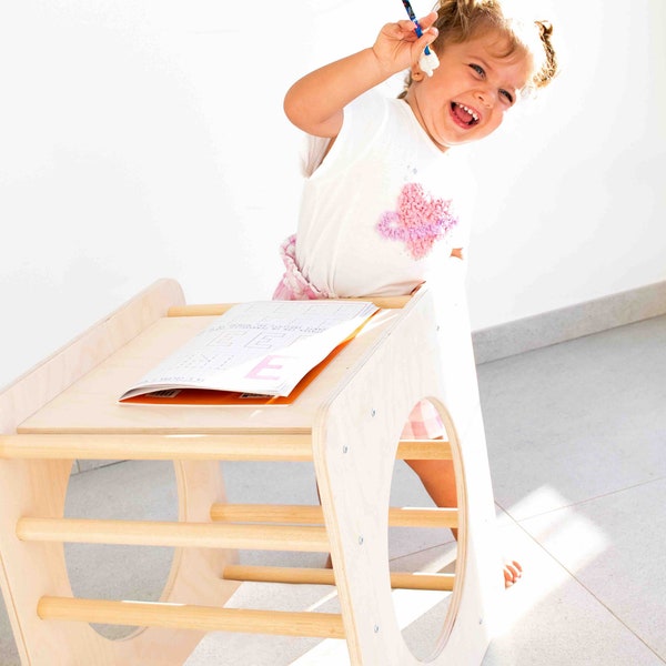 Cubo Montessori per Bambini in Legno, Tunnel Tavolino Sgabello Montessoriano, Giochi Educativi 1 2 3 Anni