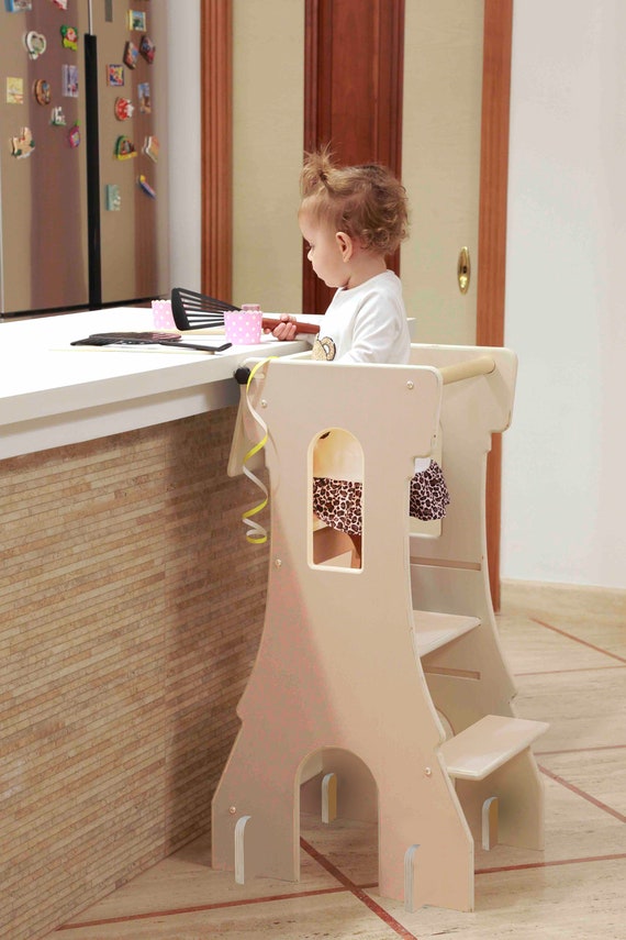 Montessori Turret for Children in Natural Wood Learning Tower With Table Wood or White Colour 3 Adjustable Height Levels Etsy
